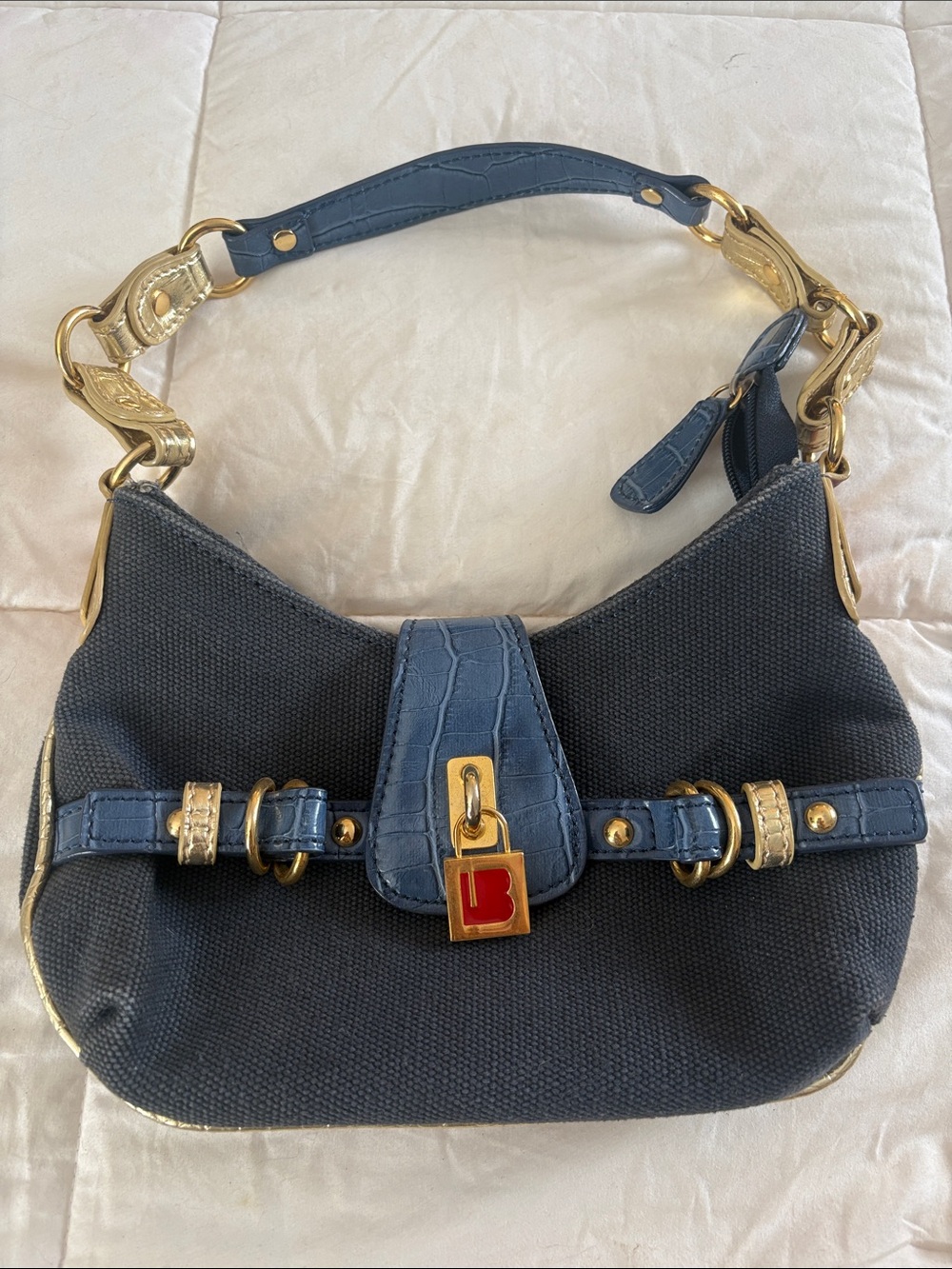 Y2K Blue Canvas Padlock Shoulder Bag Croc Embossed Trim Gold Hardware Baguette